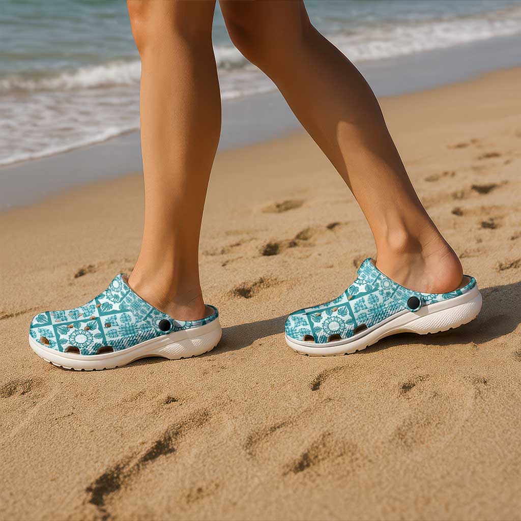 Cyan Palaka Quilt Hawaii Clogs Shoes Hawaiian Tropical Monstera Sea Turtle