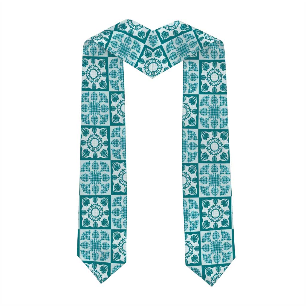 Cyan Palaka Quilt Hawaii Graduation Stole Hawaiian Tropical Monstera Sea Turtle