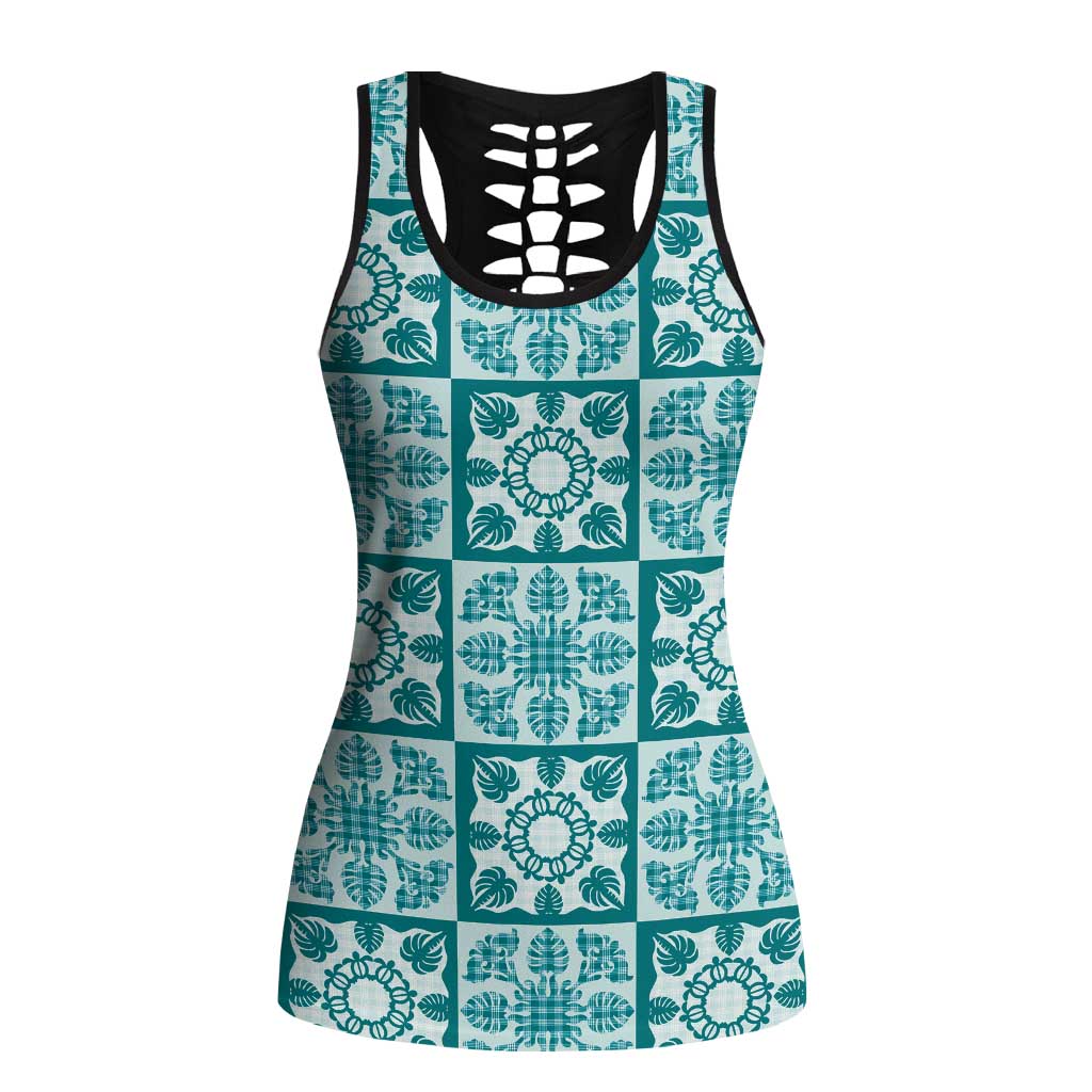 Cyan Palaka Quilt Hawaii Hollow Tank Top Hawaiian Tropical Monstera Sea Turtle LT14 Female Cyan - Polynesian Pride
