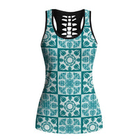 Cyan Palaka Quilt Hawaii Hollow Tank Top Hawaiian Tropical Monstera Sea Turtle LT14 Female Cyan - Polynesian Pride