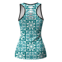 Cyan Palaka Quilt Hawaii Hollow Tank Top Hawaiian Tropical Monstera Sea Turtle LT14 - Polynesian Pride