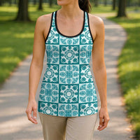 Cyan Palaka Quilt Hawaii Hollow Tank Top Hawaiian Tropical Monstera Sea Turtle LT14 - Polynesian Pride