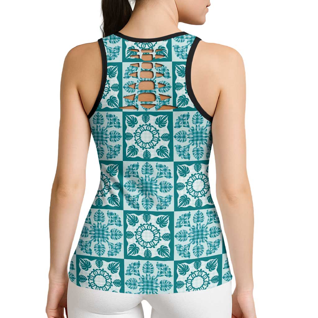 Cyan Palaka Quilt Hawaii Hollow Tank Top Hawaiian Tropical Monstera Sea Turtle LT14 - Polynesian Pride