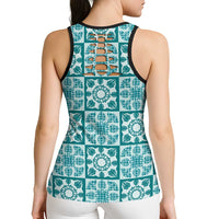 Cyan Palaka Quilt Hawaii Hollow Tank Top Hawaiian Tropical Monstera Sea Turtle LT14 - Polynesian Pride
