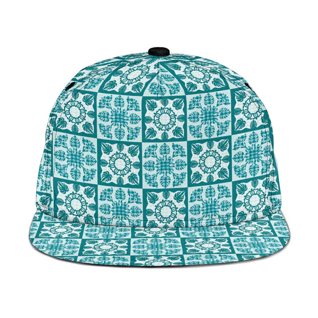 Cyan Palaka Quilt Hawaii Snapback Cap Hawaiian Tropical Monstera Sea Turtle LT14 One Size Cyan - Polynesian Pride