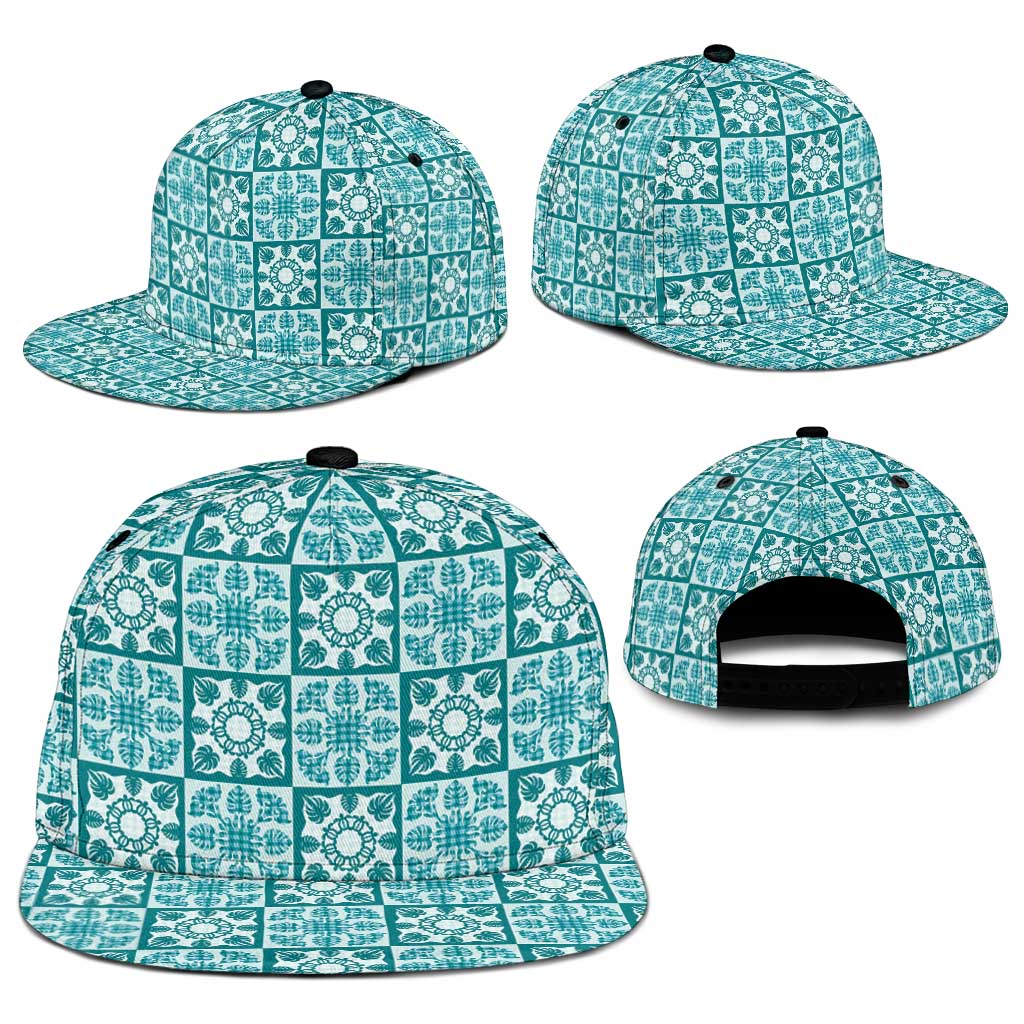Cyan Palaka Quilt Hawaii Snapback Cap Hawaiian Tropical Monstera Sea Turtle LT14 - Polynesian Pride