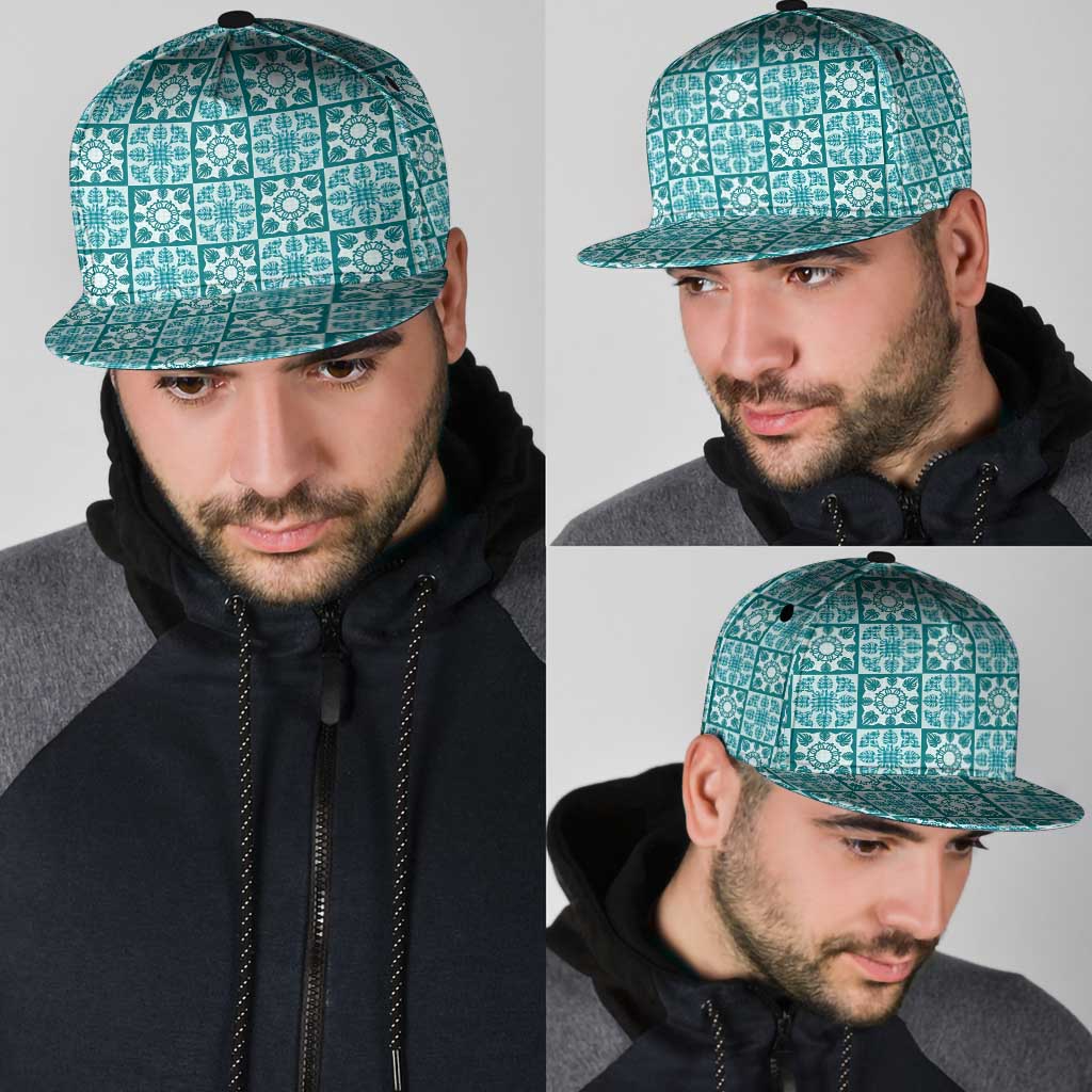 Cyan Palaka Quilt Hawaii Snapback Cap Hawaiian Tropical Monstera Sea Turtle LT14 - Polynesian Pride