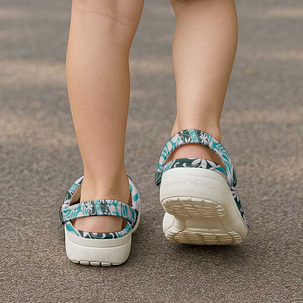 Cyan Tahiti Tiare Monstera Clogs Shoes Polynesian Pattern Curve Style - Polynesian Pride