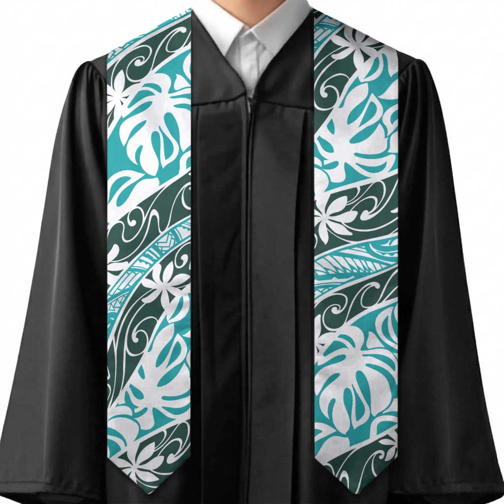 Cyan Tahiti Tiare Monstera Graduation Stole Polynesian Pattern Curve Style