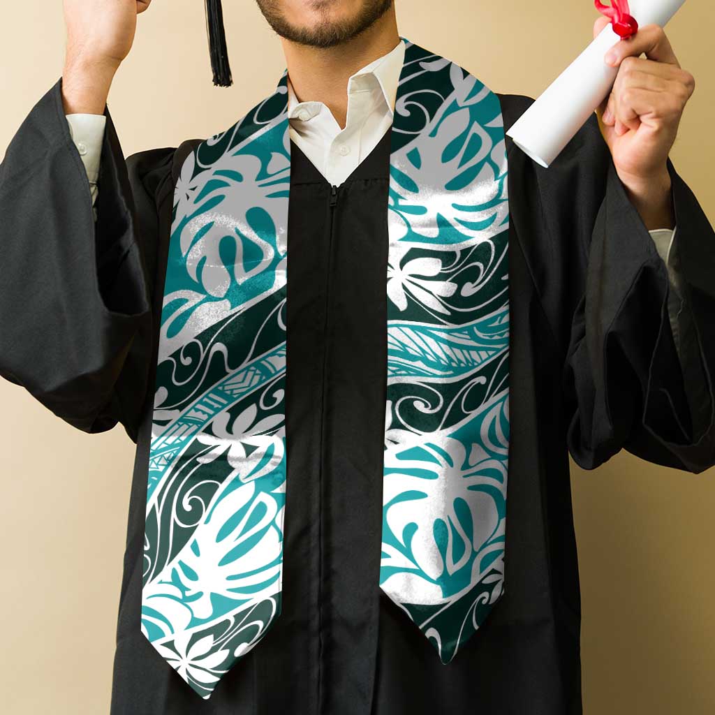 Cyan Tahiti Tiare Monstera Graduation Stole Polynesian Pattern Curve Style