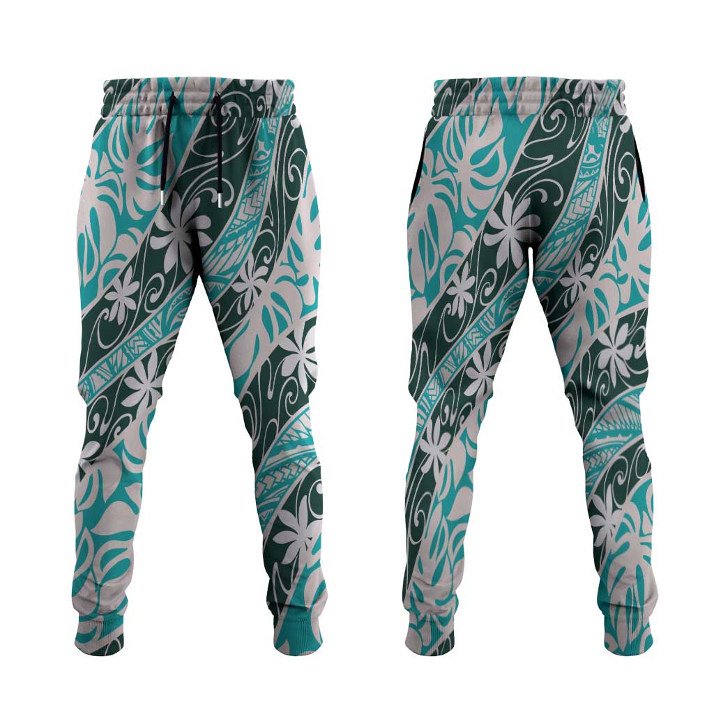 Cyan Tahiti Tiare Monstera Jogger Pants Polynesian Pattern Curve Style - Polynesian Pride