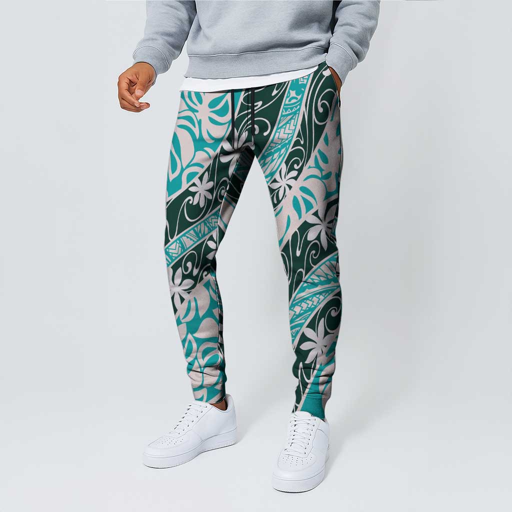 Cyan Tahiti Tiare Monstera Jogger Pants Polynesian Pattern Curve Style - Polynesian Pride