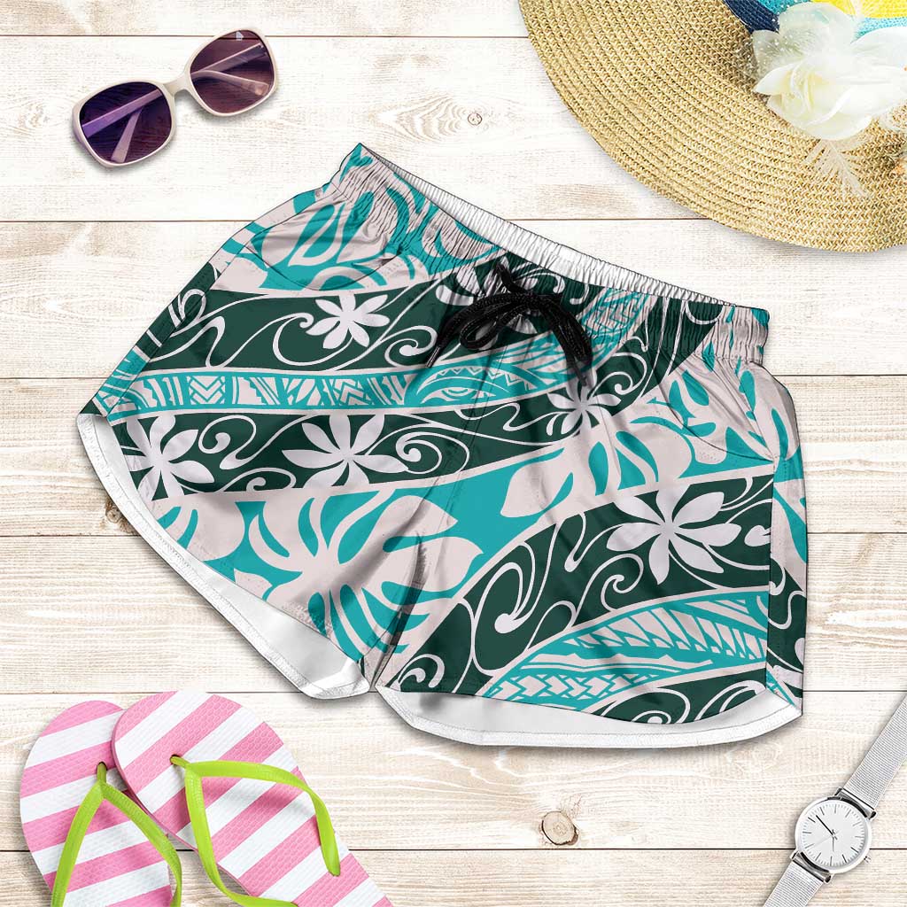 Cyan Tahiti Tiare Monstera Shorts for Women Polynesian Pattern Curve Style - Polynesian Pride
