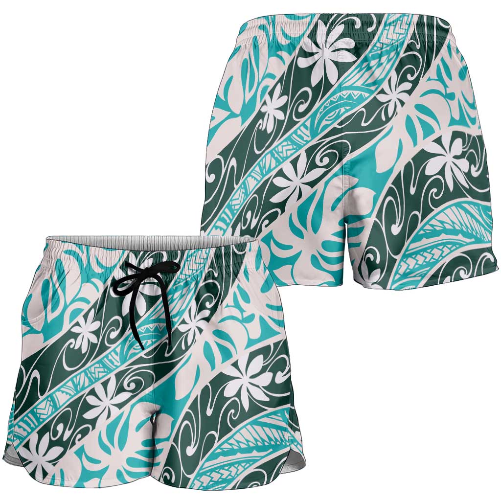 Cyan Tahiti Tiare Monstera Shorts for Women Polynesian Pattern Curve Style - Polynesian Pride