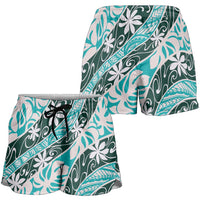 Cyan Tahiti Tiare Monstera Shorts for Women Polynesian Pattern Curve Style - Polynesian Pride