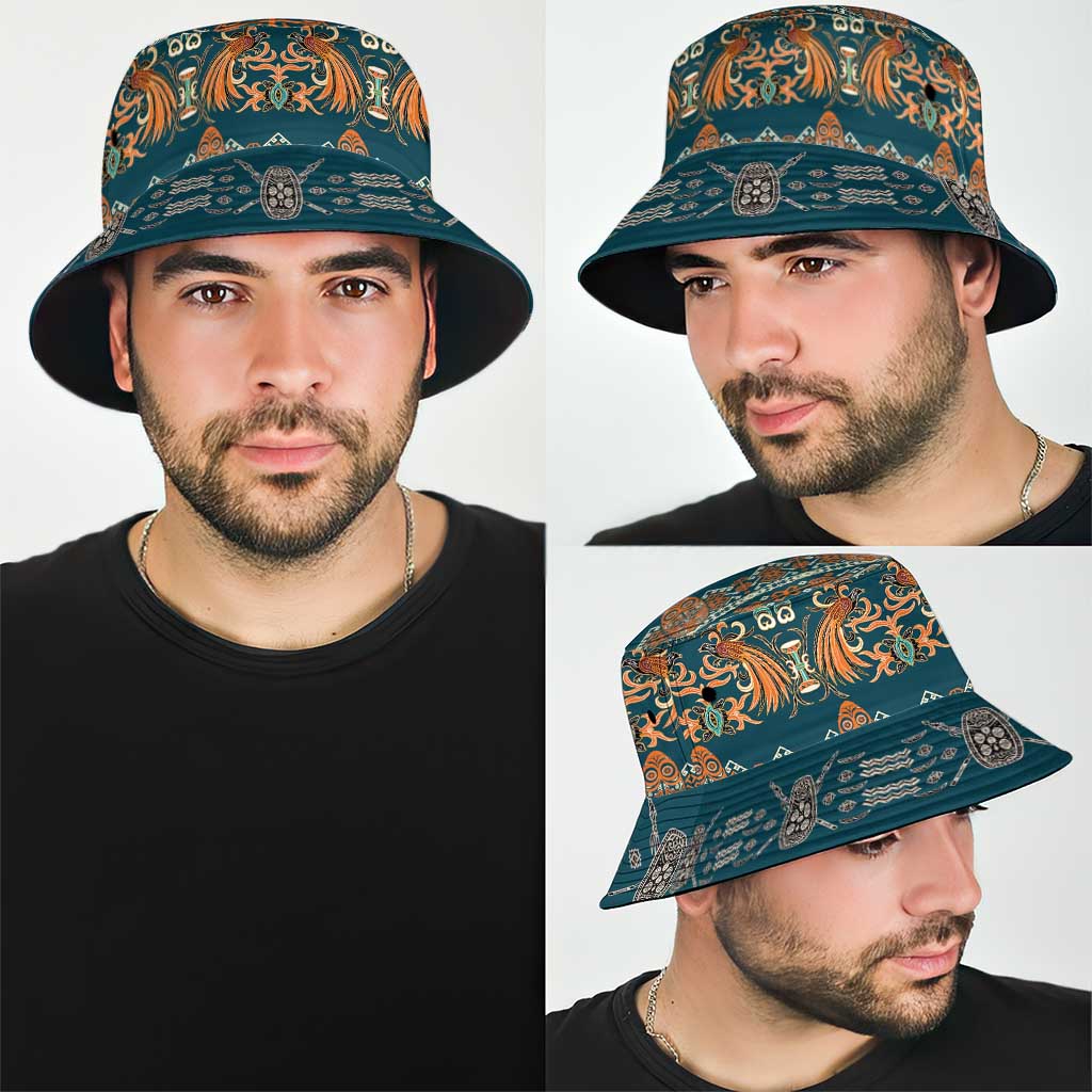 Dark Cyan Blue Batik Papua-inspired Pattern Bucket Hat - Polynesian Pride