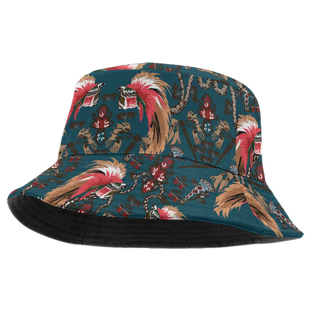 Dark Cyan Blue Bird of Batik Papua Bucket Hat Exotic Natural Wealth of Papua - Polynesian Pride