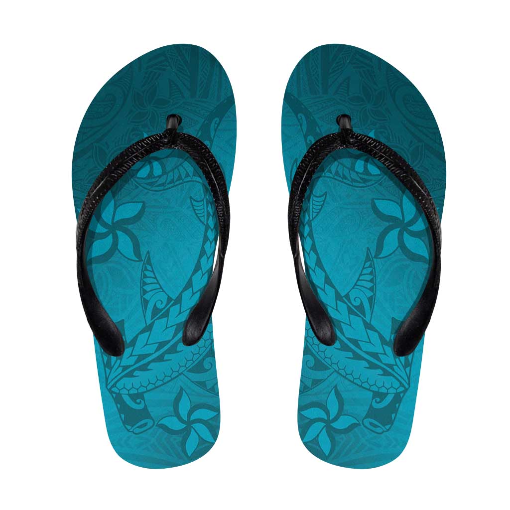 Dark Cyan Gradient Polynesia Flip Flops Hawaiian Tribal Hammerhead Shark Tattoo - Polynesian Pride