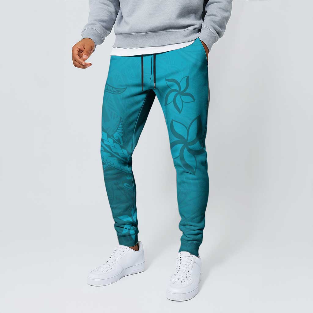 Dark Cyan Gradient Polynesia Jogger Pants Hawaiian Tribal Hammerhead Shark Tattoo - Polynesian Pride