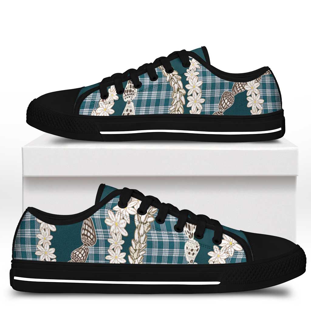 Dark Cyan Hawaii Tiare and Shell Lei Low Top Shoes Hawaiian Palaka Luxury Vibes LT14 - Polynesian Pride