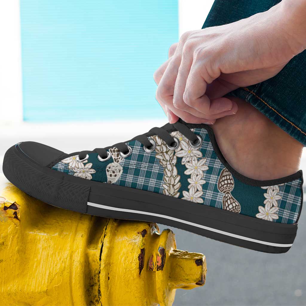 Dark Cyan Hawaii Tiare and Shell Lei Low Top Shoes Hawaiian Palaka Luxury Vibes LT14 - Polynesian Pride