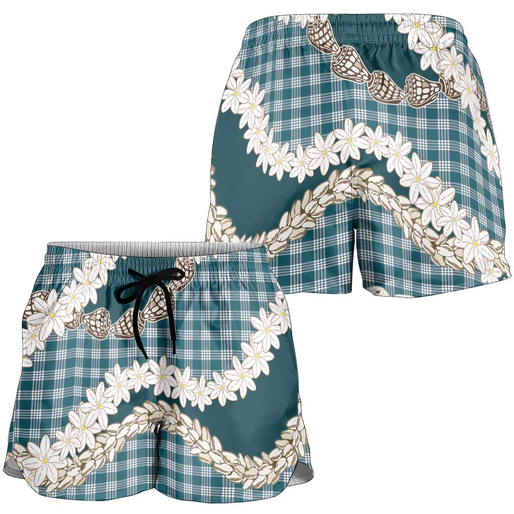 Dark Cyan Hawaii Tiare and Shell Lei Shorts for Women Hawaiian Palaka Luxury Vibes LT14 - Polynesian Pride