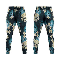 Dark Cyan Tropical Hawaii Jogger Pants Seamless Monstera Plumeria Hawaiian Pattern - Polynesian Pride