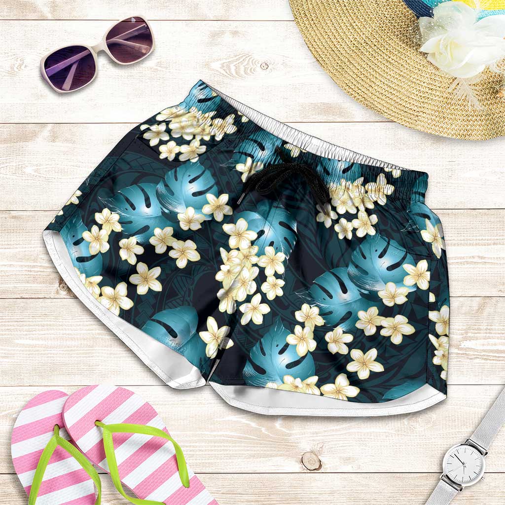 Dark Cyan Tropical Hawaii Shorts for Women Seamless Monstera Plumeria Hawaiian Pattern - Polynesian Pride