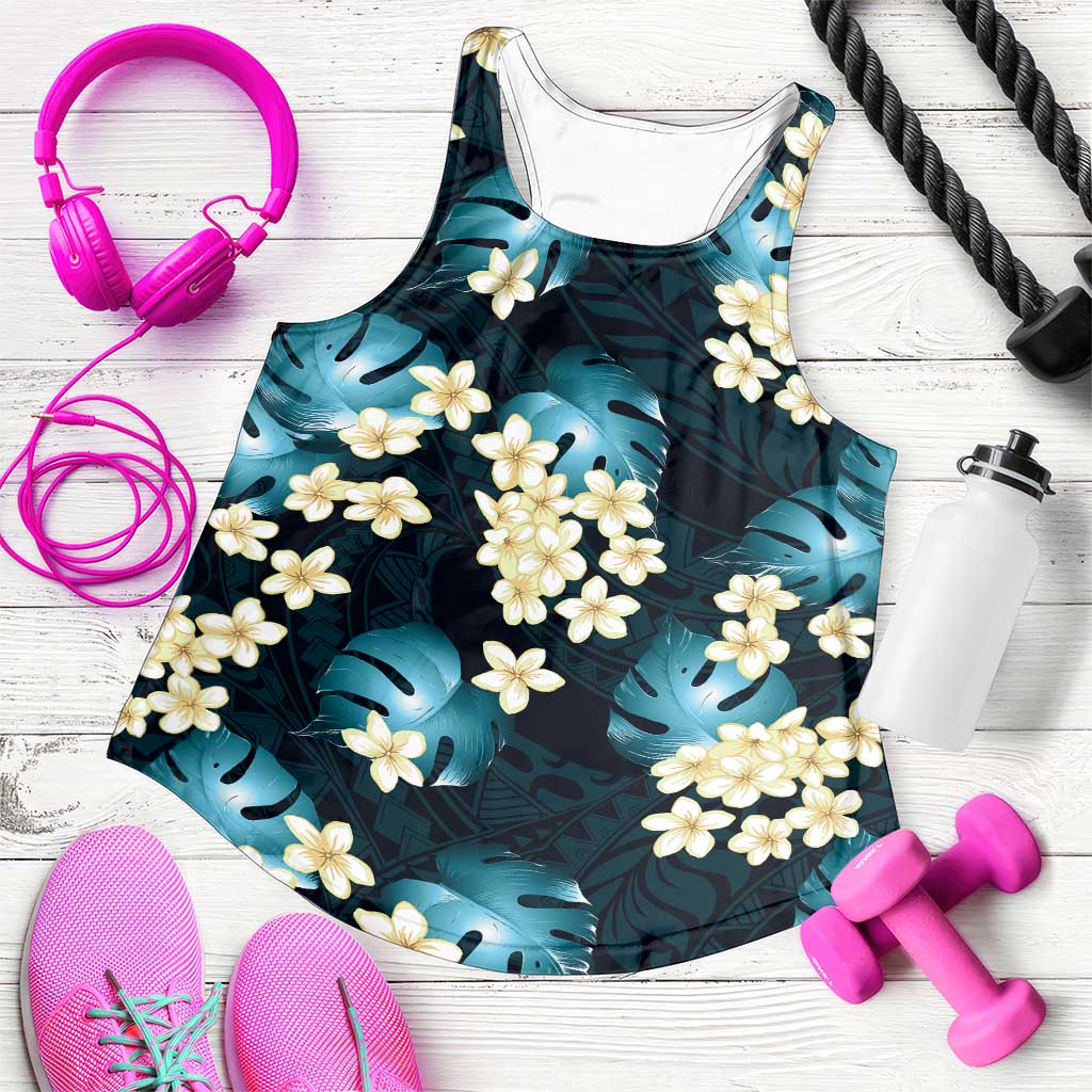 Dark Cyan Tropical Hawaii Women Racerback Tank Seamless Monstera Plumeria Hawaiian Pattern - Polynesian Pride