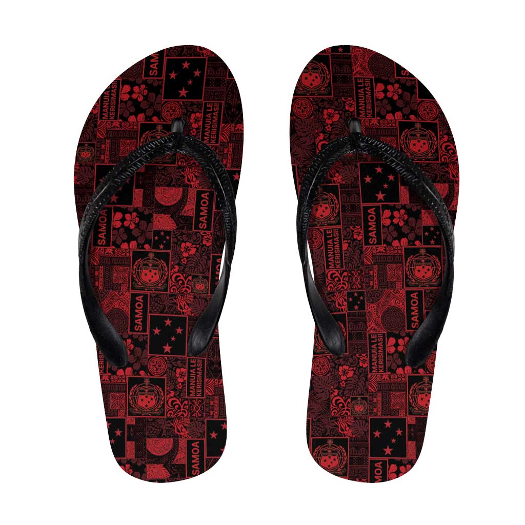 Dark Samoa Manuia Le Kerisimasi Flip Flops Pacific Patchwork Xmas Vibes - Polynesian Pride