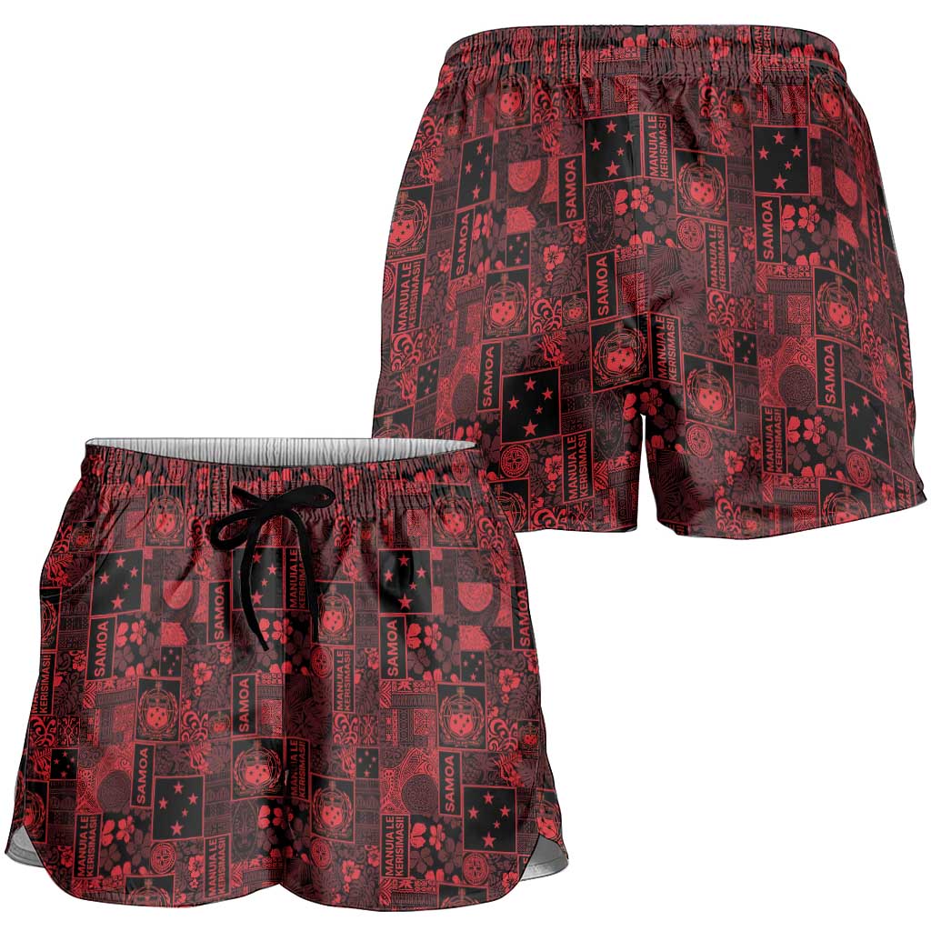 Dark Samoa Manuia Le Kerisimasi Shorts for Women Pacific Patchwork Xmas Vibes - Polynesian Pride