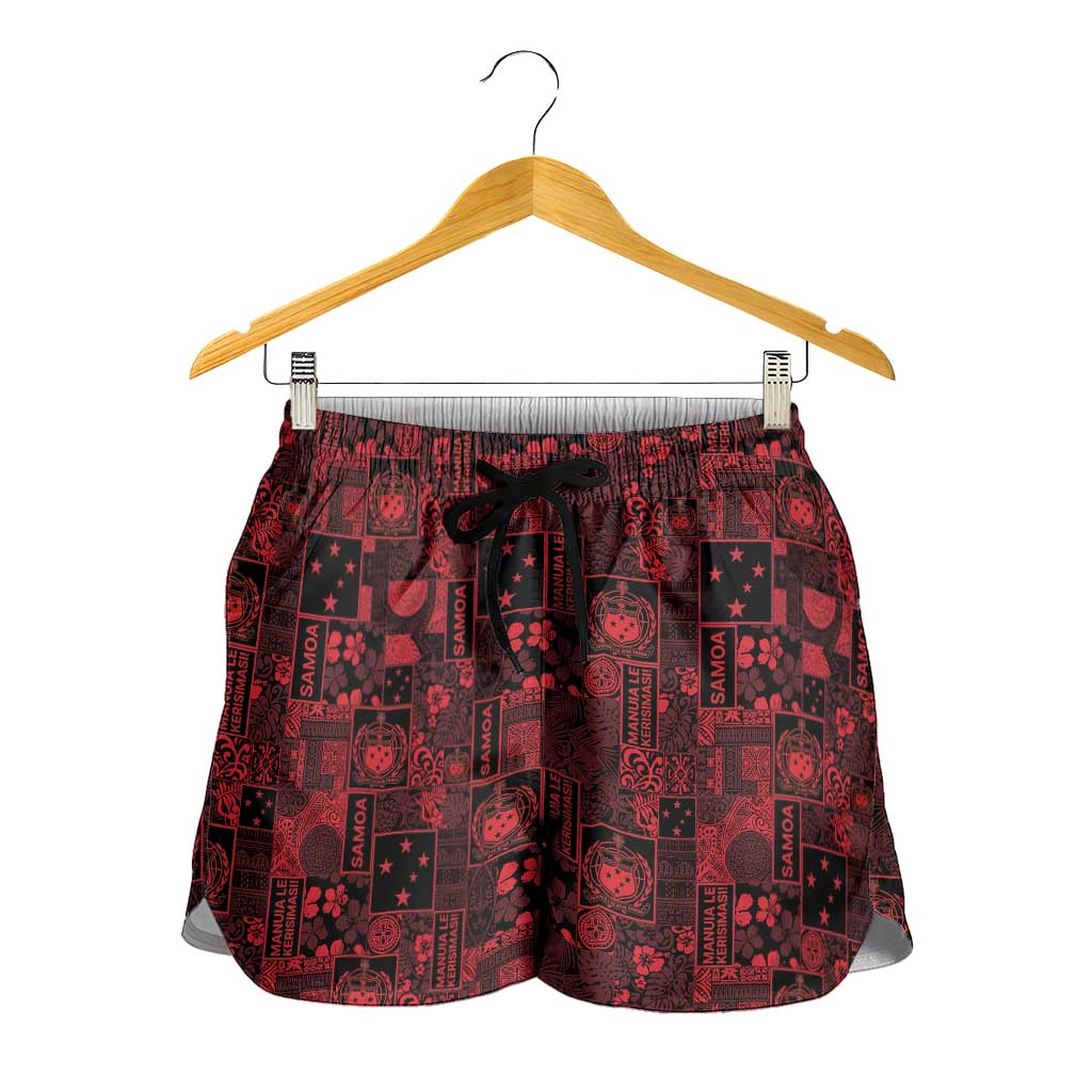 Dark Samoa Manuia Le Kerisimasi Shorts for Women Pacific Patchwork Xmas Vibes - Polynesian Pride