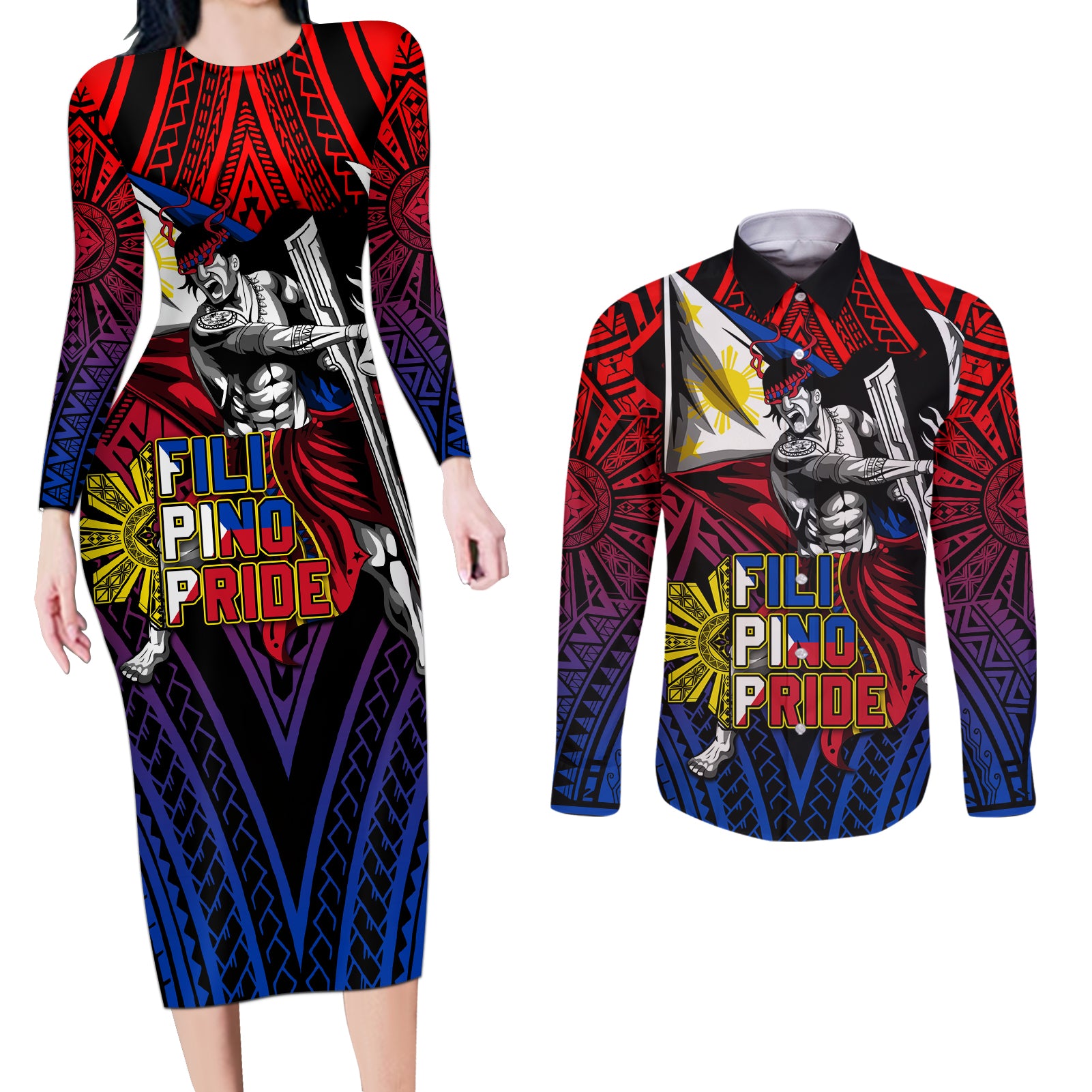 Filipinos Lapu-lapu Hero Couples Matching Long Sleeve Bodycon Dress and Long Sleeve Button Shirt Philippines Flag and Sun DT02 Art - Polynesian Pride