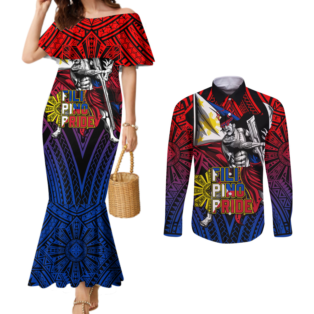 Filipinos Lapu-lapu Hero Couples Matching Mermaid Dress and Long Sleeve Button Shirt Philippines Flag and Sun DT02 Art - Polynesian Pride
