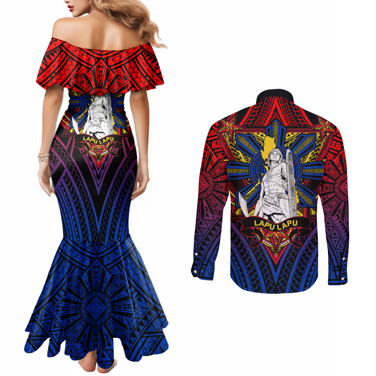 Filipinos Lapu-lapu Hero Couples Matching Mermaid Dress and Long Sleeve Button Shirt Philippines Flag and Sun DT02 - Polynesian Pride
