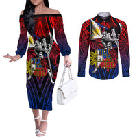 Filipinos Lapu-lapu Hero Couples Matching Off The Shoulder Long Sleeve Dress and Long Sleeve Button Shirt Philippines Flag and Sun DT02 Art - Polynesian Pride