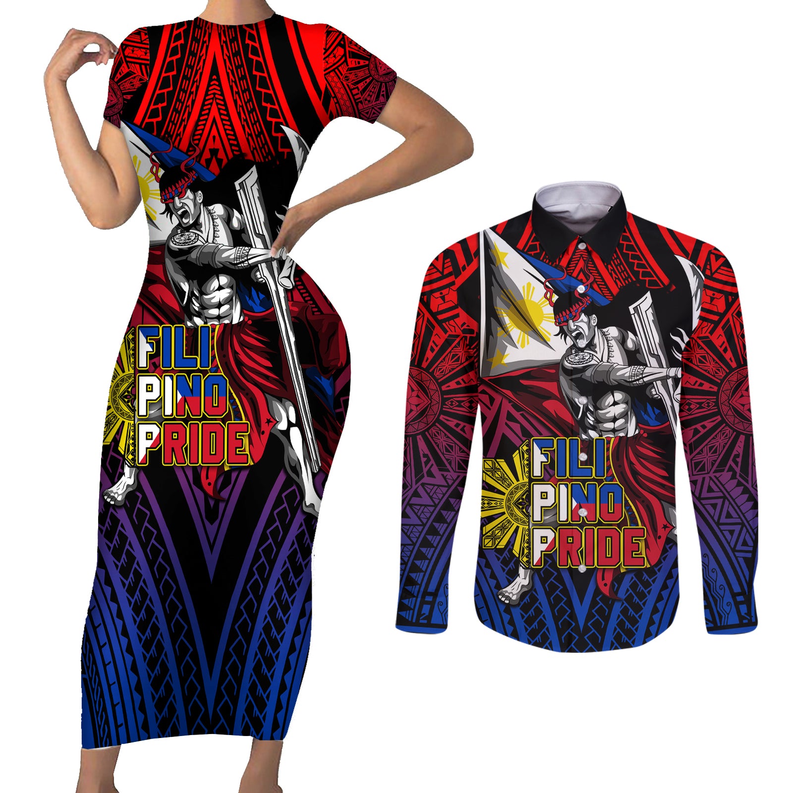 Filipinos Lapu-lapu Hero Couples Matching Short Sleeve Bodycon Dress and Long Sleeve Button Shirt Philippines Flag and Sun DT02 Art - Polynesian Pride