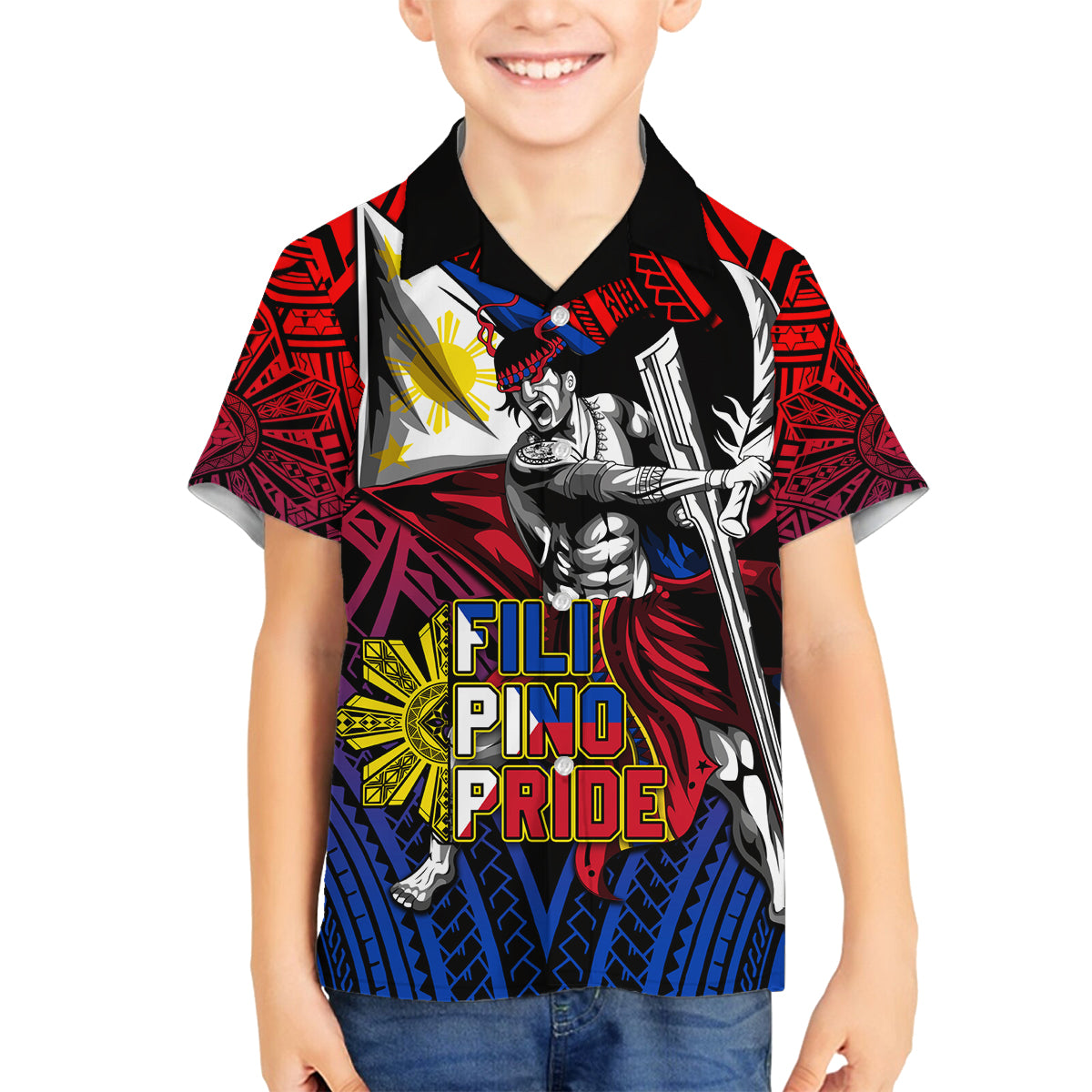 Filipinos Lapu-lapu Hero Family Matching Off Shoulder Maxi Dress and Hawaiian Shirt Philippines Flag and Sun DT02 Son's Shirt Art - Polynesian Pride