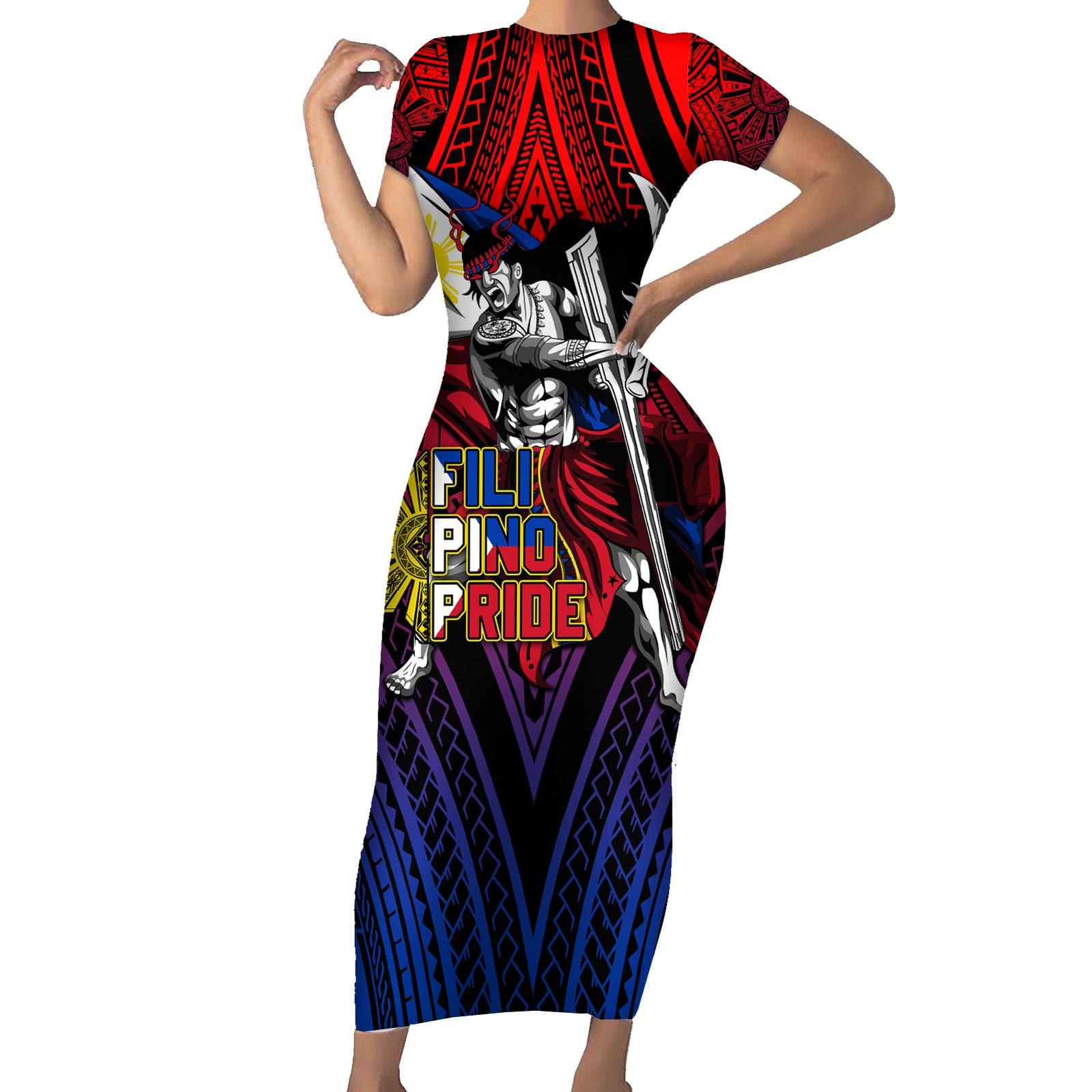 Filipinos Lapu-lapu Hero Short Sleeve Bodycon Dress Philippines Flag and Sun DT02 Long Dress Art - Polynesian Pride