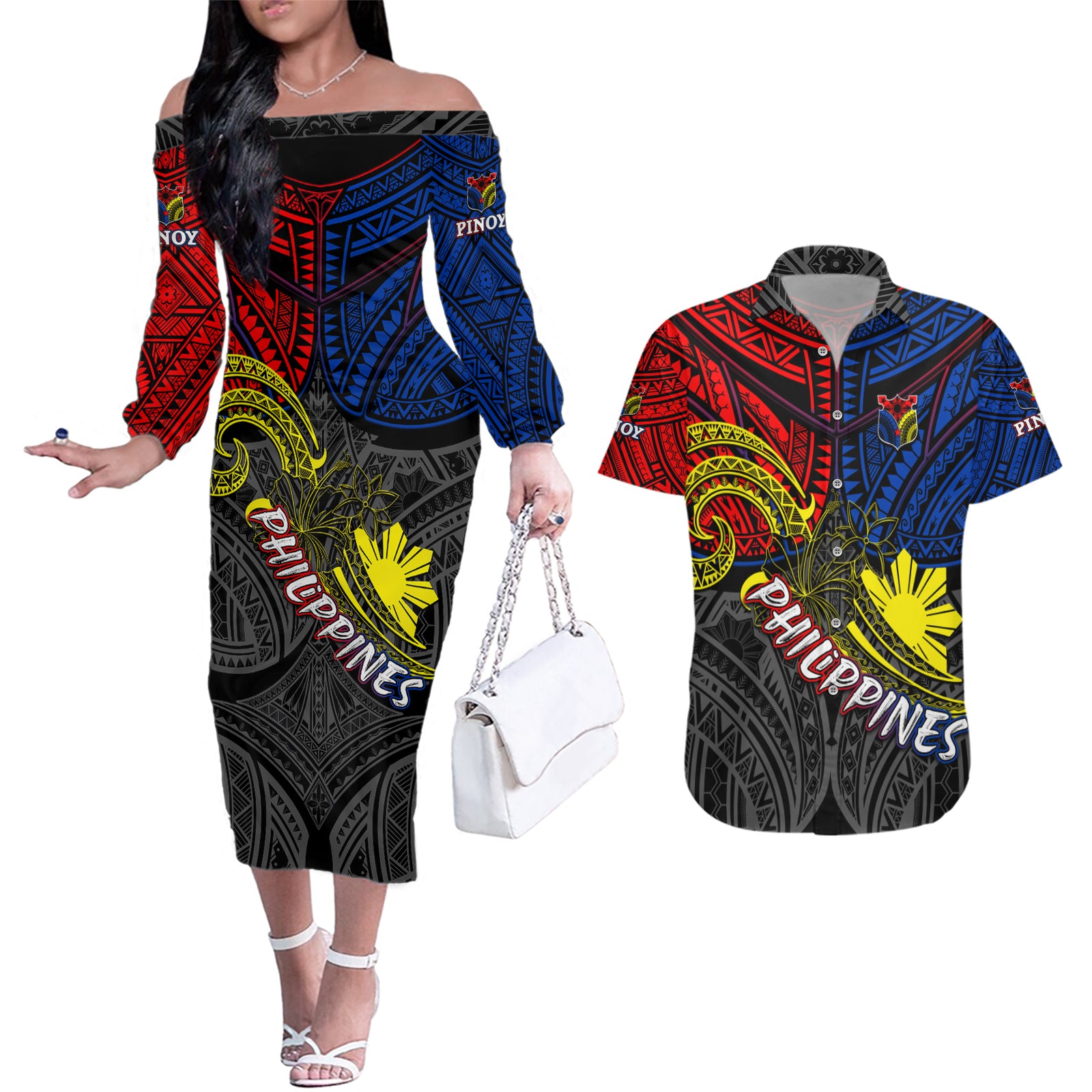 Philippines Half Sleeve Tattoo Couples Matching Off The Shoulder Long Sleeve Dress and Hawaiian Shirt Pinoy Filipinos Sun DT02 Art - Polynesian Pride
