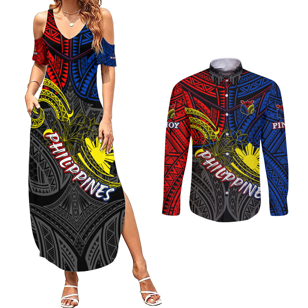 Philippines Half Sleeve Tattoo Couples Matching Summer Maxi Dress and Long Sleeve Button Shirt Pinoy Filipinos Sun DT02 Art - Polynesian Pride