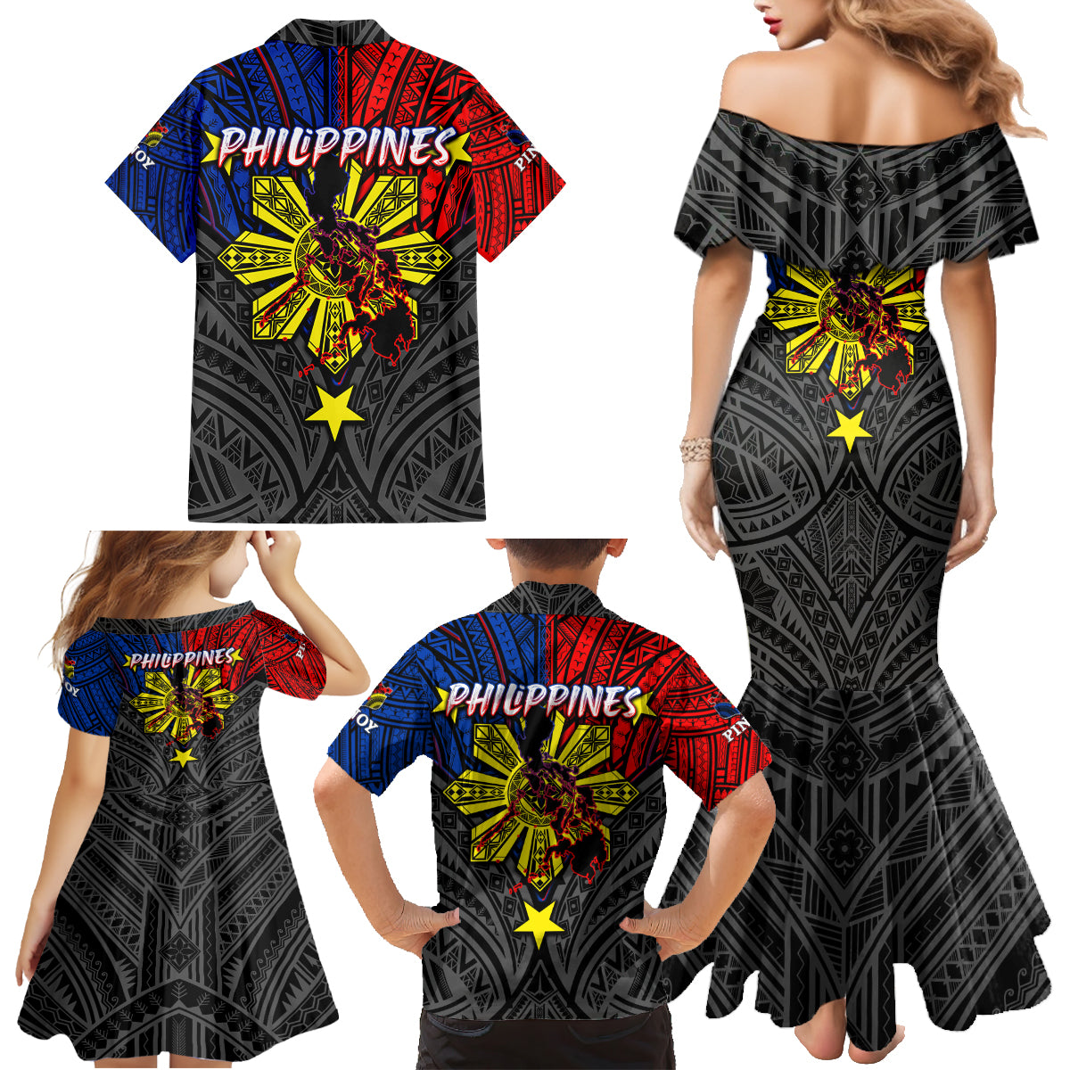 Philippines Half Sleeve Tattoo Family Matching Mermaid Dress and Hawaiian Shirt Pinoy Filipinos Sun DT02 - Polynesian Pride