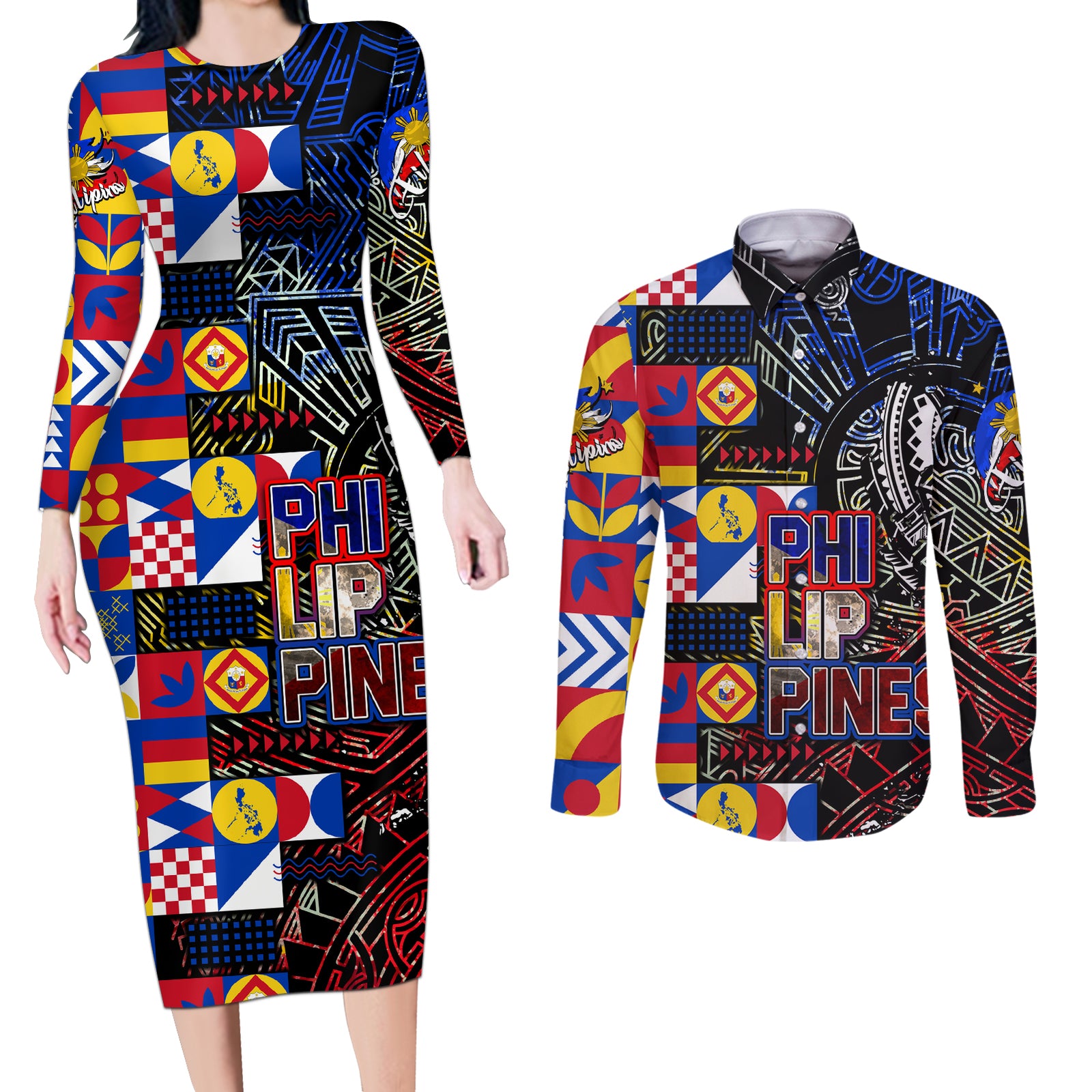 Pinoy Philippines Couples Matching Long Sleeve Bodycon Dress and Long Sleeve Button Shirt Filipino Tattoo Art Style DT02 Art - Polynesian Pride