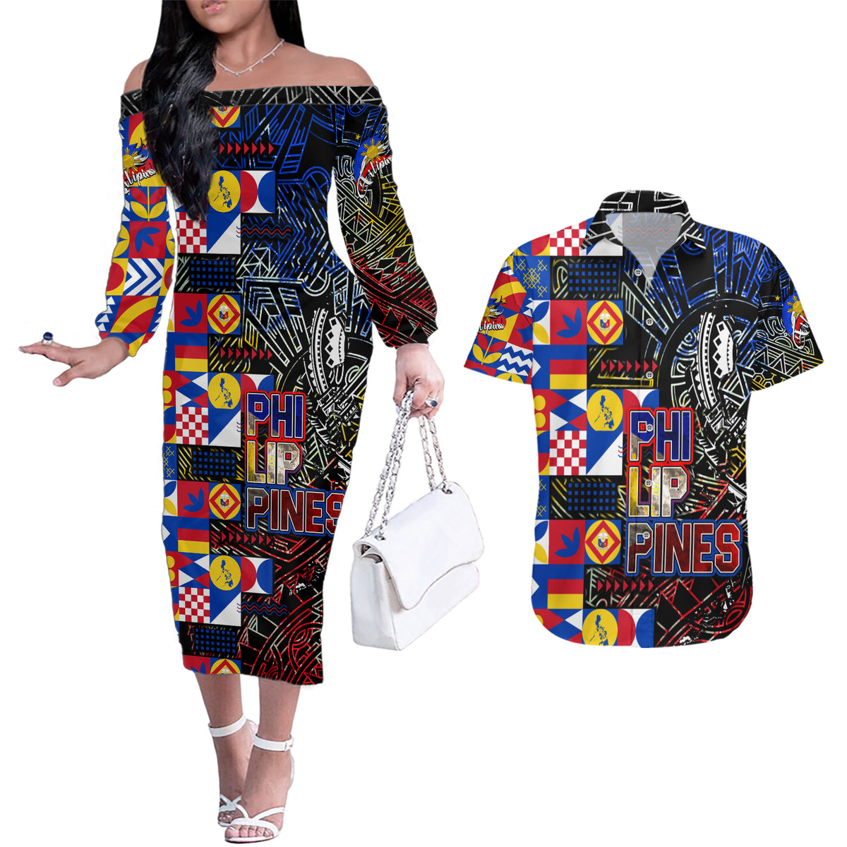 Pinoy Philippines Couples Matching Off The Shoulder Long Sleeve Dress and Hawaiian Shirt Filipino Tattoo Art Style DT02 Art - Polynesian Pride