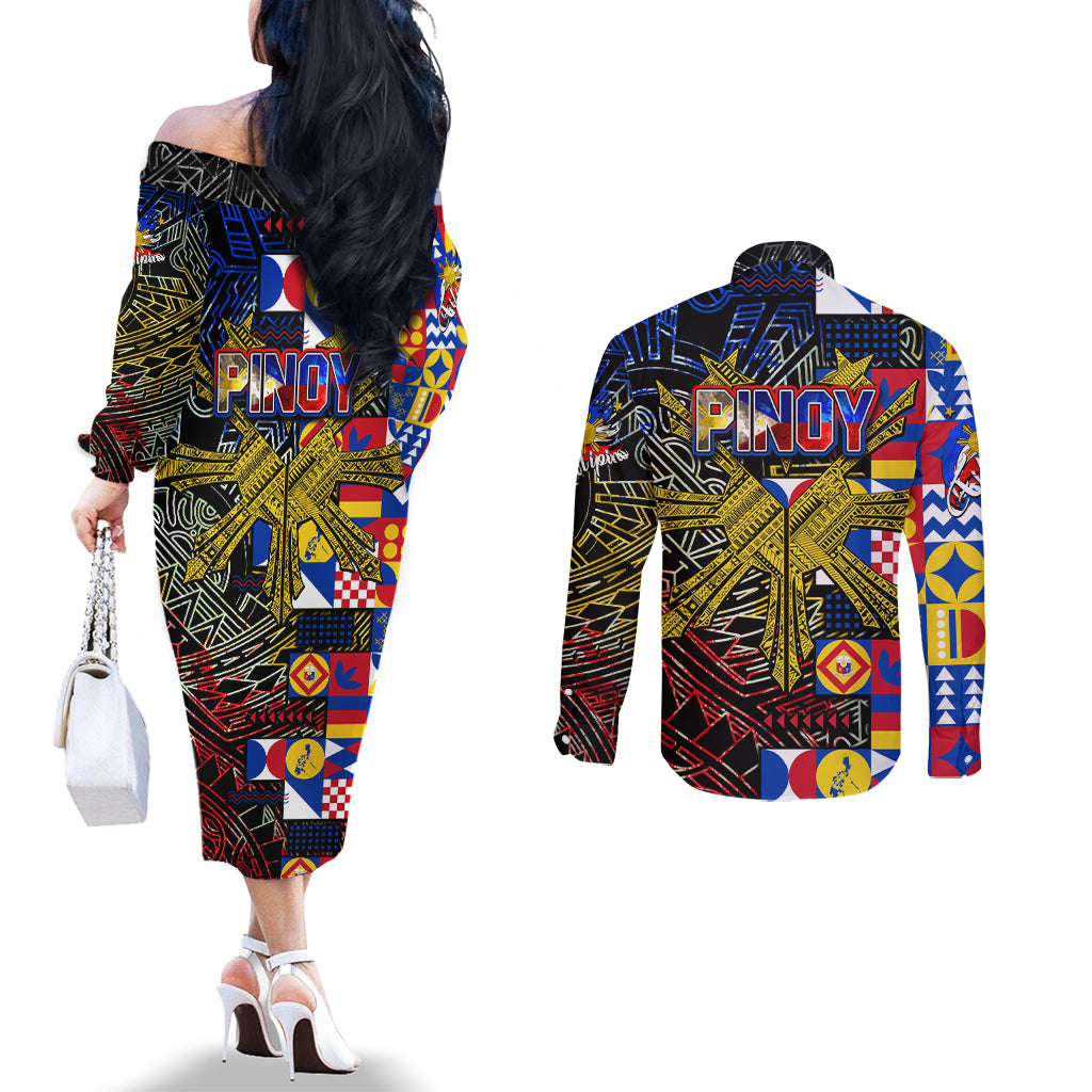 Pinoy Philippines Couples Matching Off The Shoulder Long Sleeve Dress and Long Sleeve Button Shirt Filipino Tattoo Art Style DT02 - Polynesian Pride