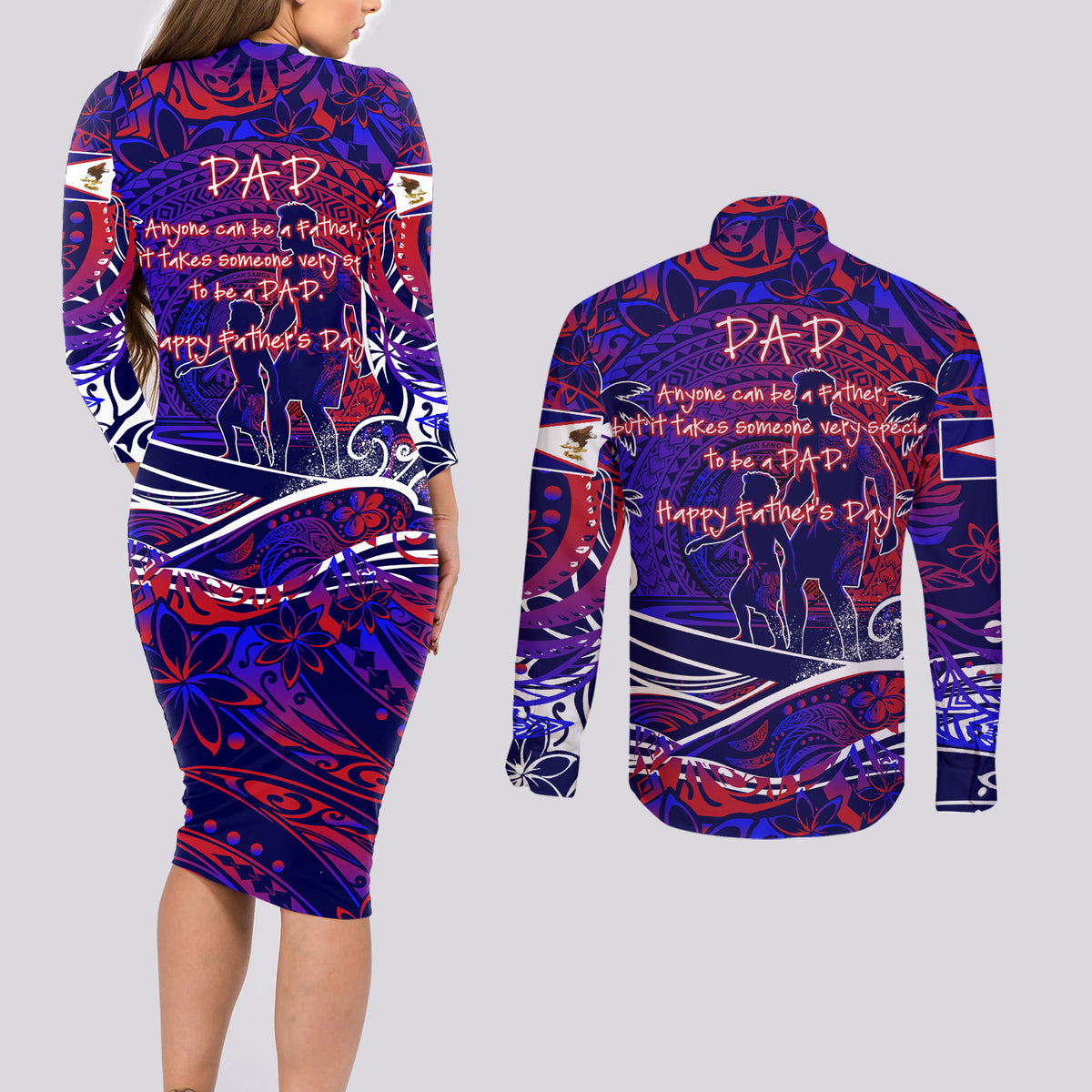 Father's Day American Samoa Couples Matching Long Sleeve Bodycon Dress and Long Sleeve Button Shirt Special Dad Polynesia Paradise