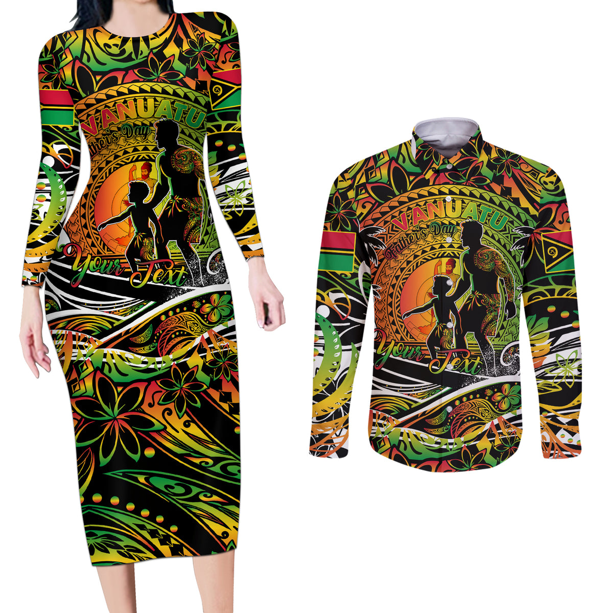 Father's Day Vanuatu Couples Matching Long Sleeve Bodycon Dress and Long Sleeve Button Shirt Special Dad Polynesia Paradise DT02 Art - Polynesian Pride