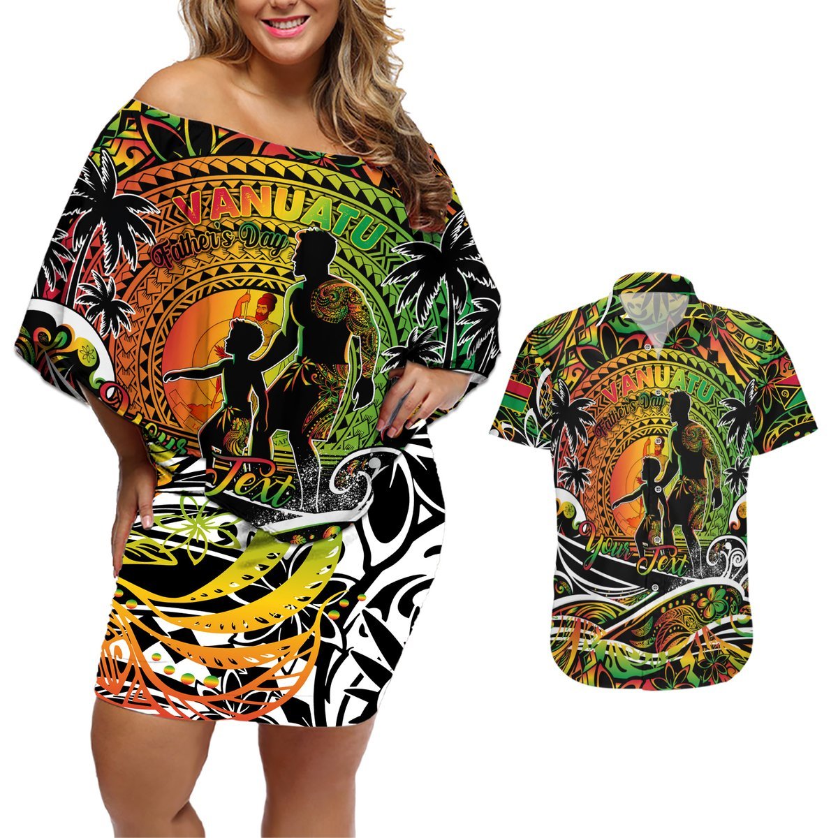 Father's Day Vanuatu Couples Matching Off Shoulder Short Dress and Hawaiian Shirt Special Dad Polynesia Paradise DT02 Art - Polynesian Pride
