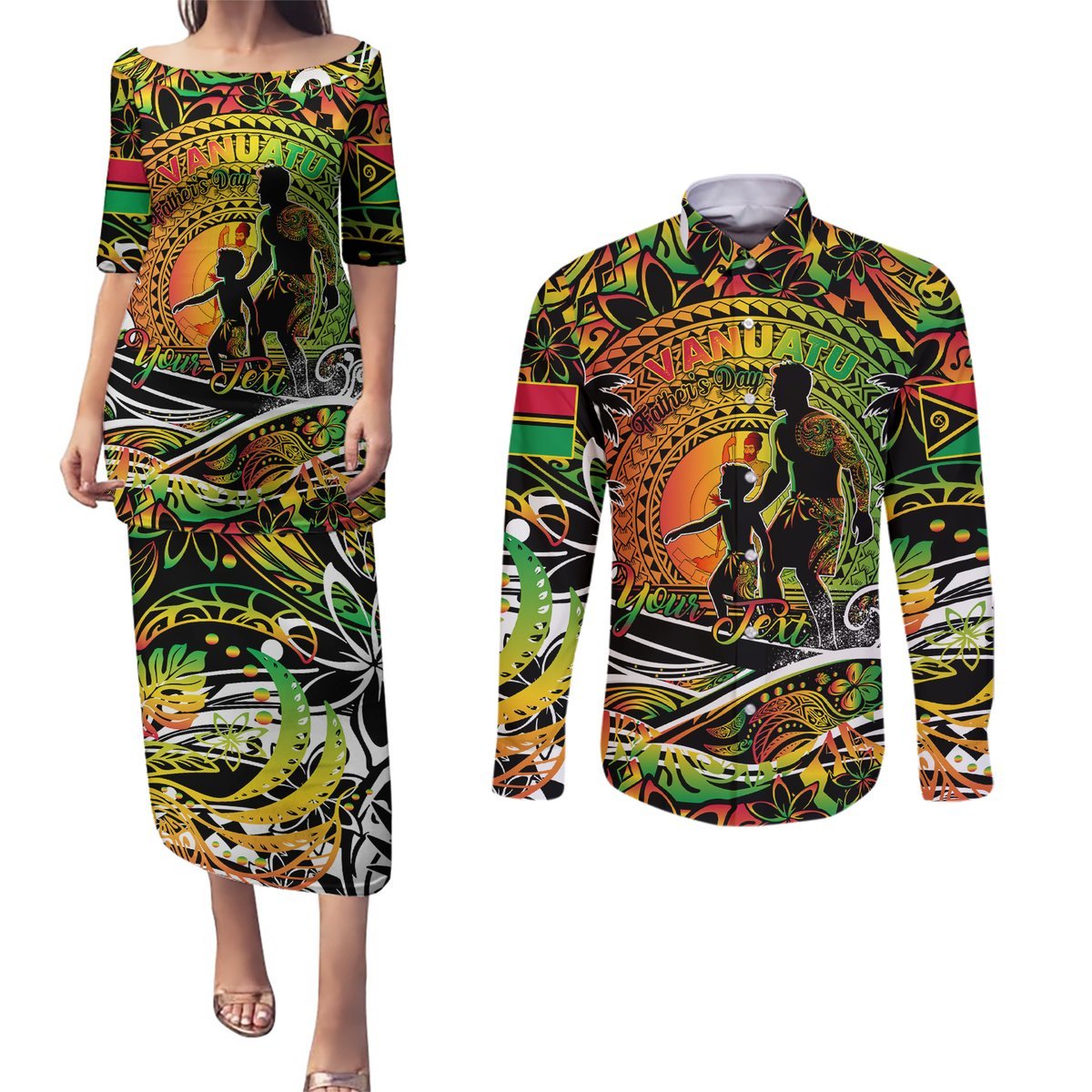 Father's Day Vanuatu Couples Matching Puletasi and Long Sleeve Button Shirt Special Dad Polynesia Paradise DT02 Art - Polynesian Pride