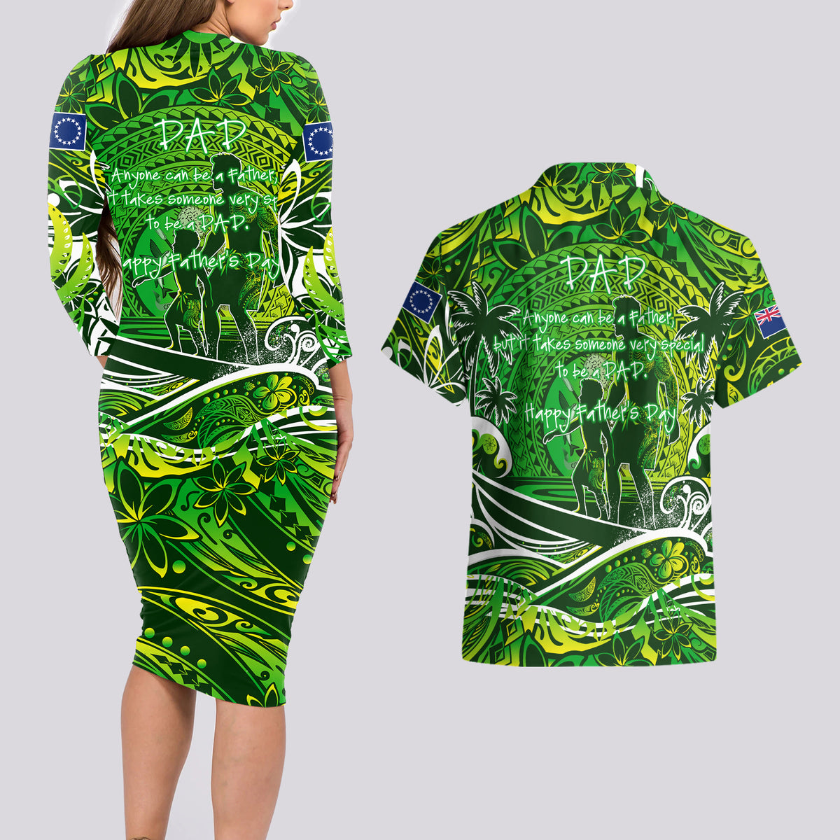 Father's Day Cook Islands Couples Matching Long Sleeve Bodycon Dress and Hawaiian Shirt Special Dad Polynesia Paradise